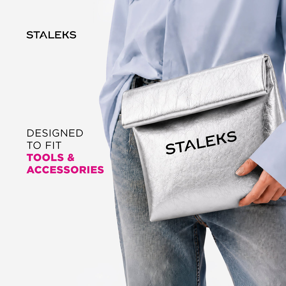 STALEKS Kosmetiktasche aus Öko-Leder silber, Größe L