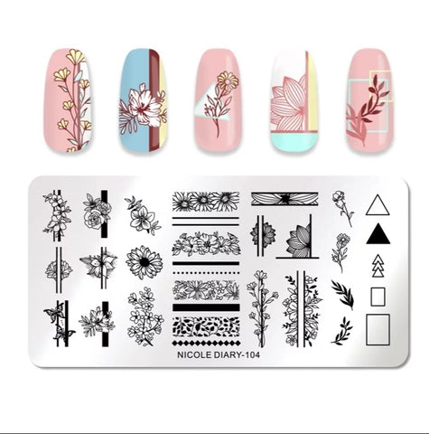 Stamping Platte Schablone Blumen und Formen ND-104