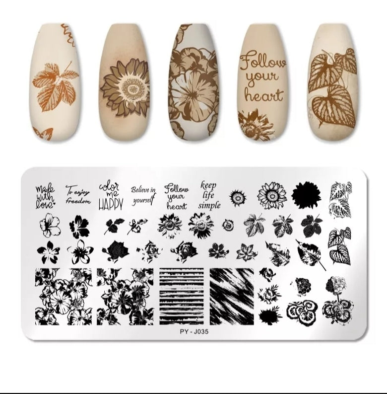Stamping Platte Schablone Blätter und Texte PY-J035