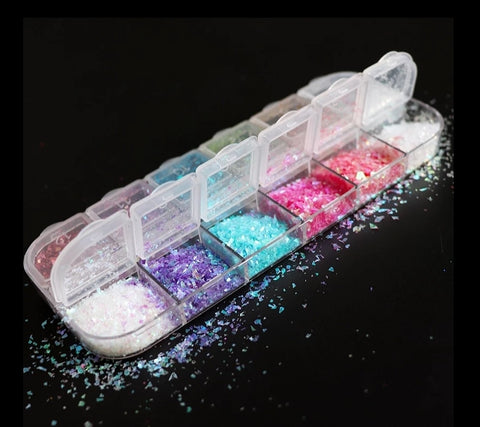 Nailart Glitter Flocken Set 12 Farben