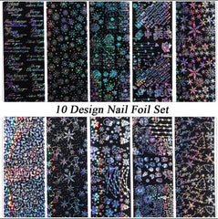 Набор фольги 10 фольг голография с различными узорами в серебристо-черном цвете №11