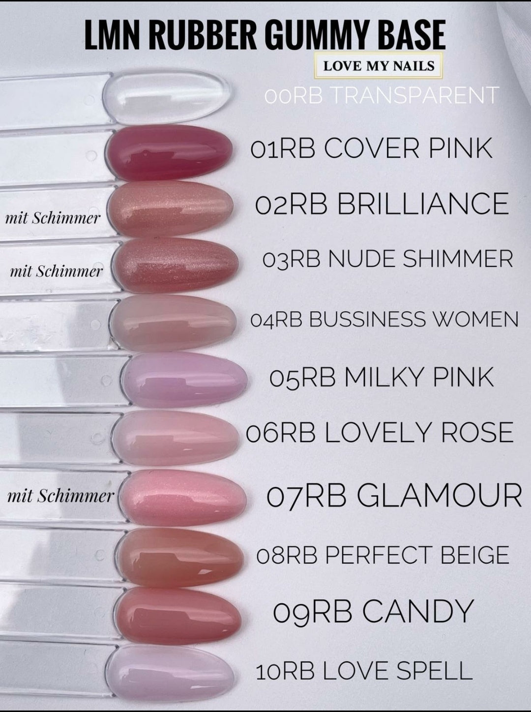 Rubber Gummy Base Collection available in 11 shades, each 15ml in the bottle