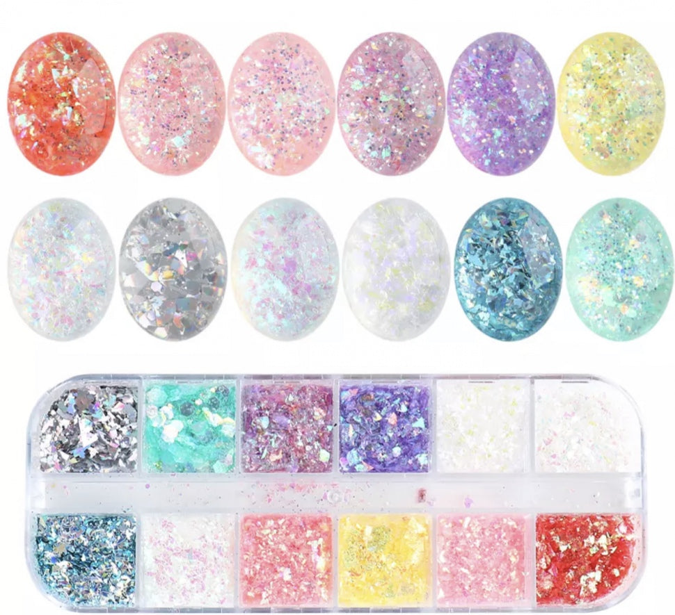Nailart Glitter Flocken Set 12 Farben
