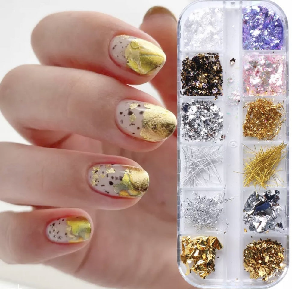 Nail Art Glitter,Potal, Threads, Pigment and Flakes Set 12 Types